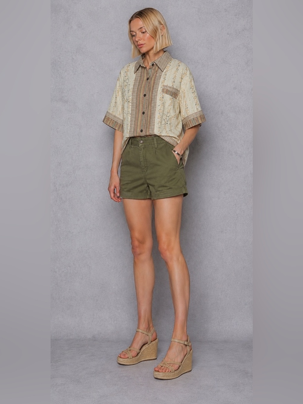 POL PRINTED OVERSIZED BUTTON DOWN PATCHWORK SHORT SLEEVE SHIRT SIZE M